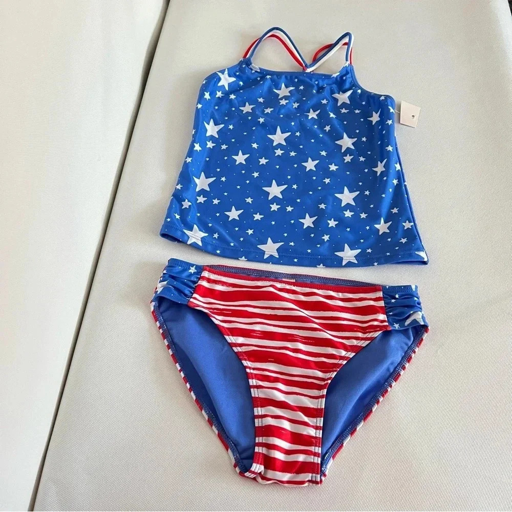Swimsuit Two Piece Set Flag Print Lined Blue White Stars Size Girls 14 UPF 40+